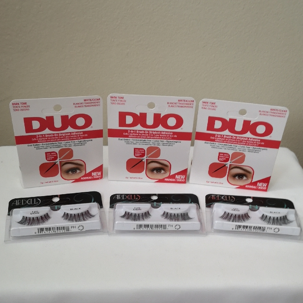 Brand New Ardells Lashes (3) And DUO 2-in-1 Brush On Striplash Adhesive (3)
